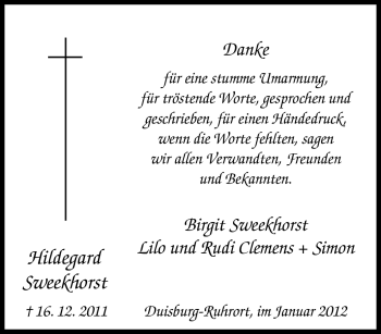 Traueranzeige von Hildegard Sweekhorst von Tageszeitung
