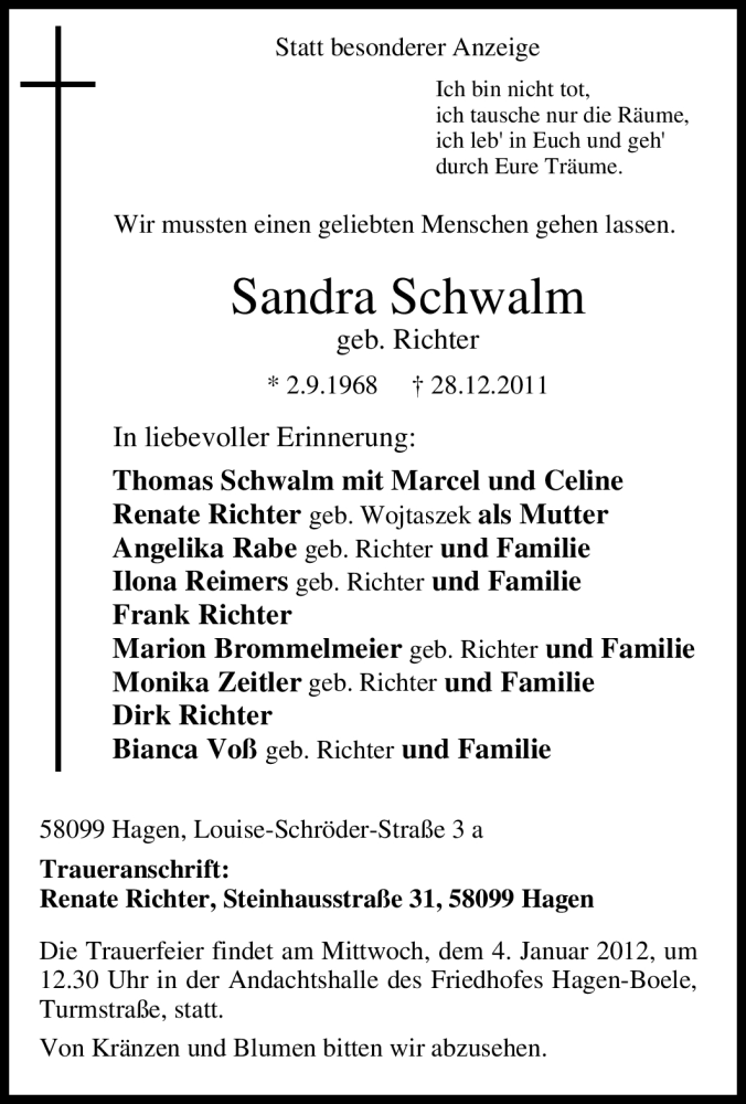 Traueranzeige für Sandra Schwalm vom 02.01.2012 aus Tageszeitung