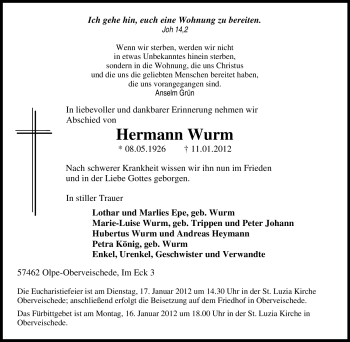 Traueranzeige von Hermann Wurm von Tageszeitung