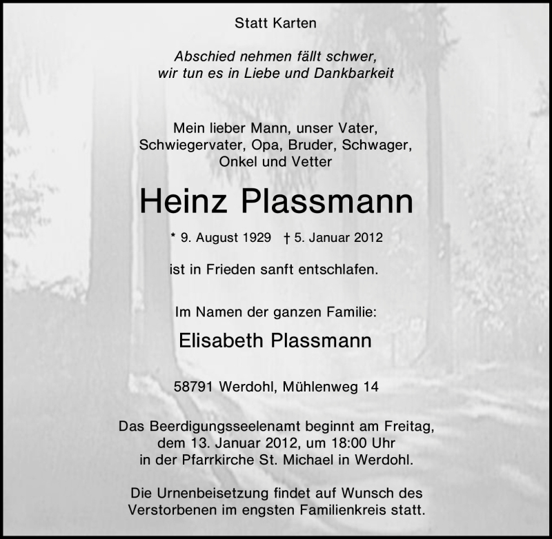  Traueranzeige für Heinz Plassmann vom 07.01.2012 aus Tageszeitung