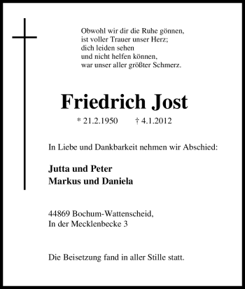 Traueranzeige von Friedrich Jost von Tageszeitung