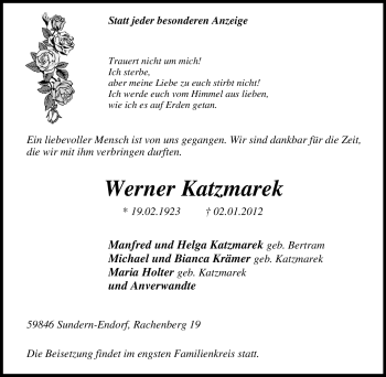 Traueranzeige von Werner Katzmarek von Tageszeitung