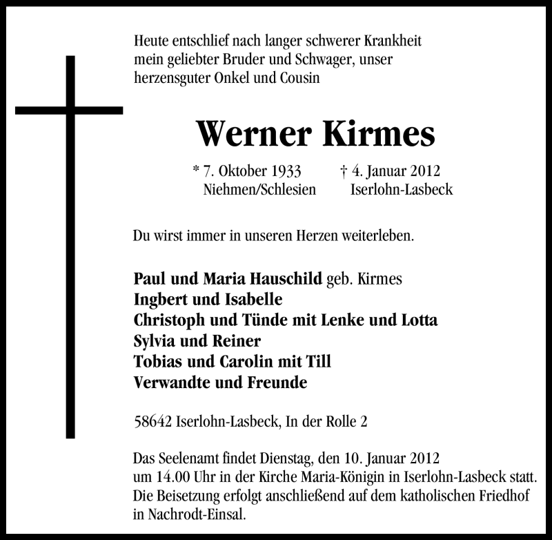  Traueranzeige für Werner Kirmes vom 06.01.2012 aus Tageszeitung
