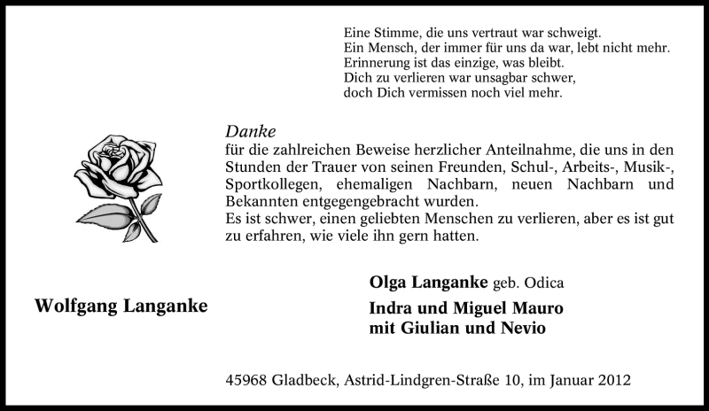  Traueranzeige für Wolfgang Langanke vom 28.01.2012 aus Tageszeitung
