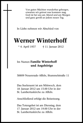 Traueranzeige von Werner Winterhoff von Tageszeitung