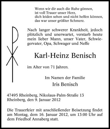 Traueranzeige von Karl-Heinz Benisch von Tageszeitung