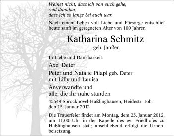 Traueranzeige von Katharina Schmitz von Tageszeitung