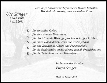 Traueranzeige von Ute Sänger von Tageszeitung