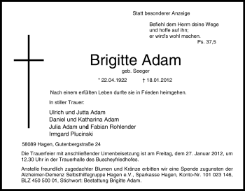 Traueranzeige von Brigitte Adam von Tageszeitung