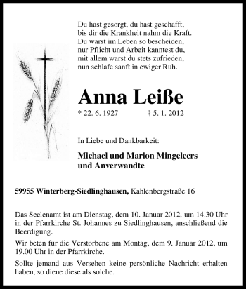 Traueranzeige von Anna Leiße von Tageszeitung