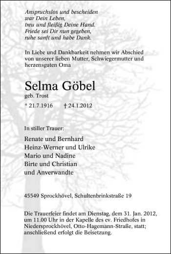 Traueranzeige von Selma Göbel von Tageszeitung