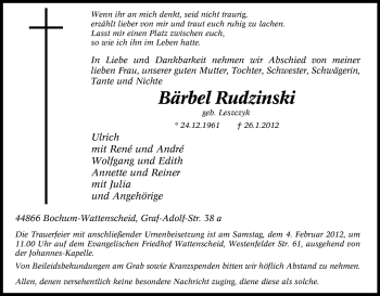 Traueranzeige von Bärbel Rudzinski von Tageszeitung