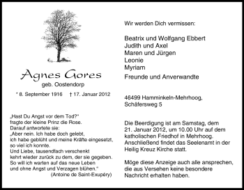 Traueranzeige von Agnes Gores von Tageszeitung