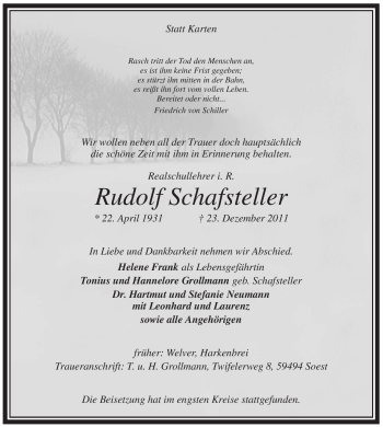 Traueranzeige von Rudolf Schafsteller von Tageszeitung