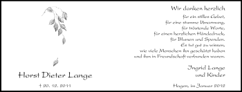 Traueranzeige von Horst Dieter Lange von Tageszeitung