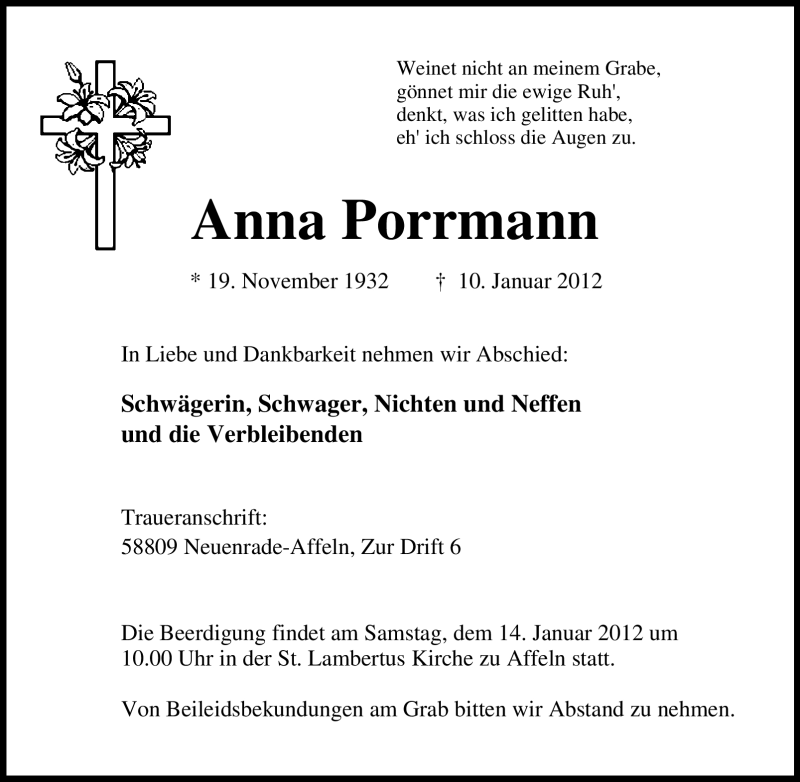  Traueranzeige für Anna Porrmann vom 12.01.2012 aus Tageszeitung