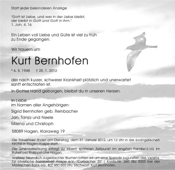 Traueranzeige von Kurt Bernhofen von Tageszeitung