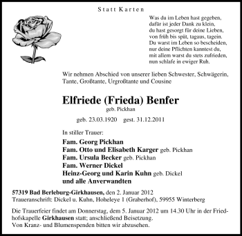 Traueranzeige von Elfriede Benfer von Tageszeitung