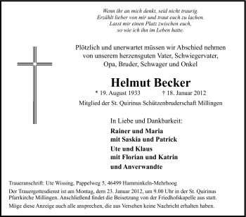 Traueranzeige von Helmut Becker von Tageszeitung