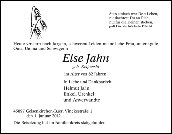 Traueranzeige von Else Jahn von Tageszeitung