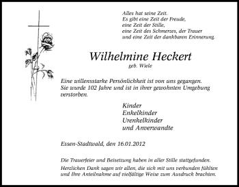 Traueranzeige von Wilhelmine Heckert von Tageszeitung