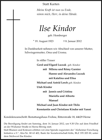 Traueranzeige von Ilse Kindor von Tageszeitung