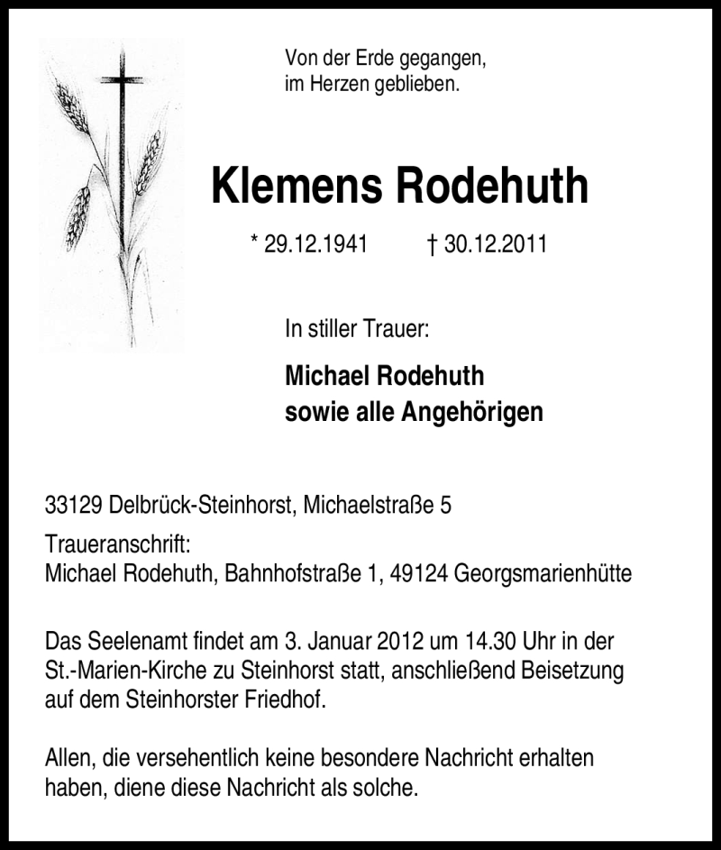  Traueranzeige für Klemens Rodehuth vom 03.01.2012 aus Tageszeitung