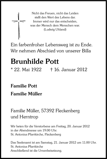 Traueranzeige von Brunhilde Pott von Tageszeitung