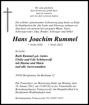 Traueranzeige von Hans Joachim Rummel von Tageszeitung
