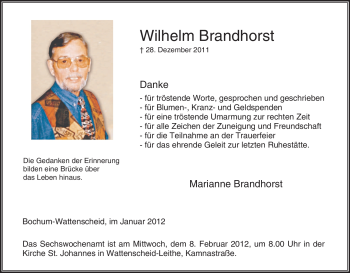 Traueranzeige von Wilhelm Brandhorst von Tageszeitung