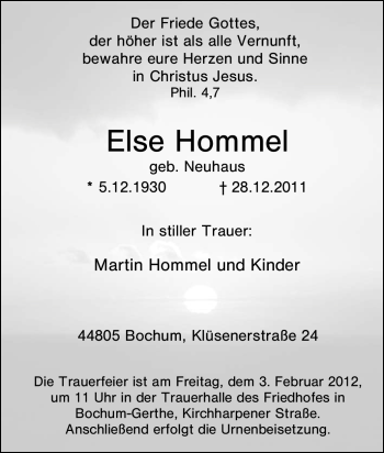 Traueranzeige von Else Hommel von Tageszeitung
