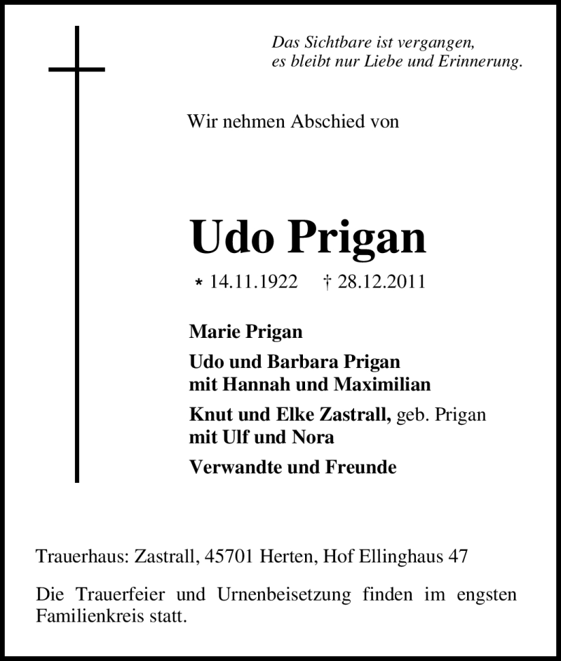  Traueranzeige für Udo Prigan vom 05.01.2012 aus Tageszeitung