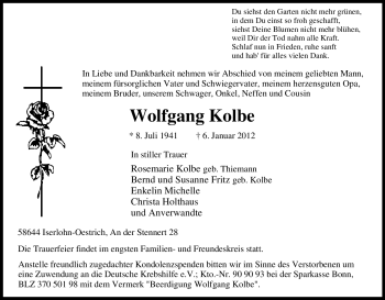 Traueranzeige von Wolfgang Kolbe von Tageszeitung