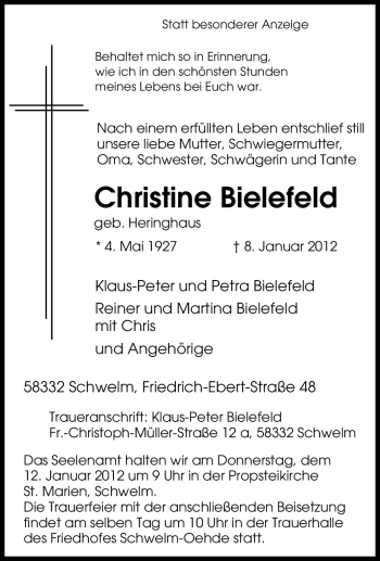 Traueranzeige von Christine Bielefeld von Tageszeitung