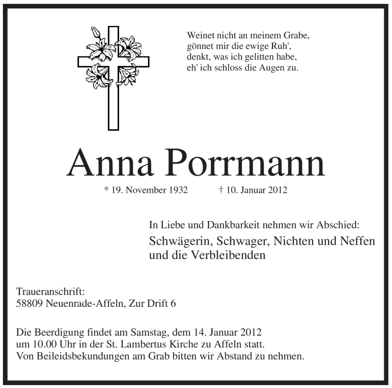  Traueranzeige für Anna Porrmann vom 12.01.2012 aus Tageszeitung