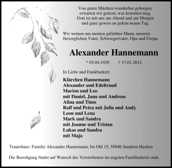 Traueranzeige von Alexander Hannemann von Tageszeitung