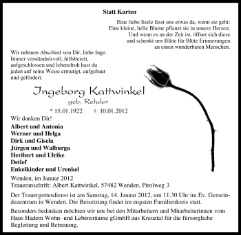 Traueranzeige von Ingeborg Kattwinkel von Tageszeitung
