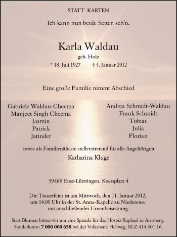 Traueranzeige von Karla Waldau von Tageszeitung