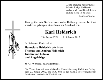 Traueranzeige von Karl Heiderich von Tageszeitung