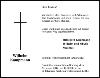 Traueranzeige von Wilhelm Kampmann von Tageszeitung