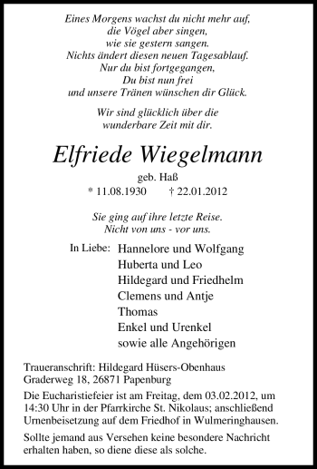 Traueranzeige von Elfriede Wiegelmann von Tageszeitung