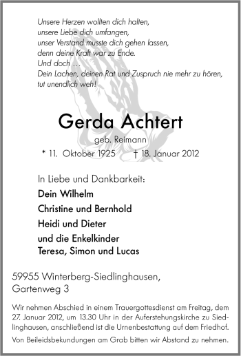 Traueranzeige von Gerda Achtert von Tageszeitung
