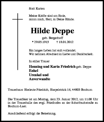 Traueranzeige von Hilde Deppe von Tageszeitung