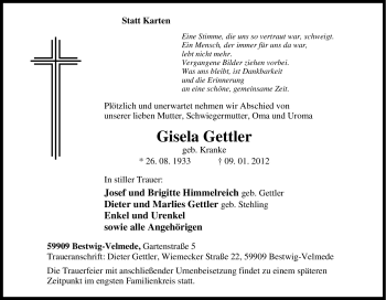 Traueranzeige von Gisela Gettler von Tageszeitung