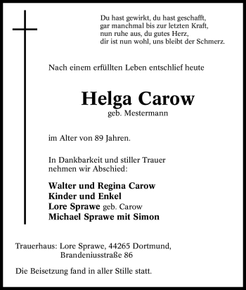 Traueranzeige von Helga Carow von Tageszeitung