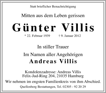 Traueranzeige von Günter Villis von Tageszeitung