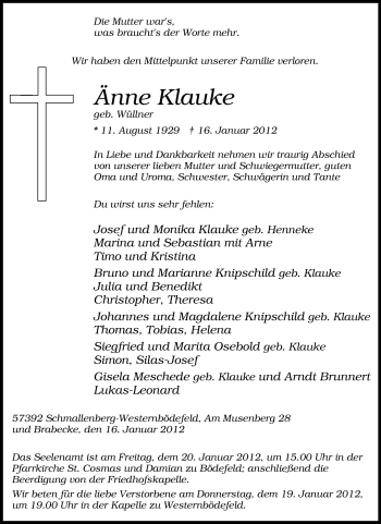 Traueranzeige von Änne Klauke von Tageszeitung