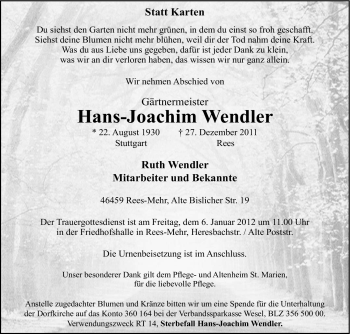 Traueranzeige von Hans-Joachim Wendler von Tageszeitung