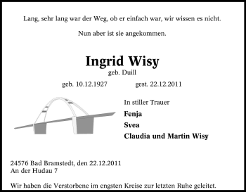 Traueranzeige von Ingrid Wisy von Tageszeitung