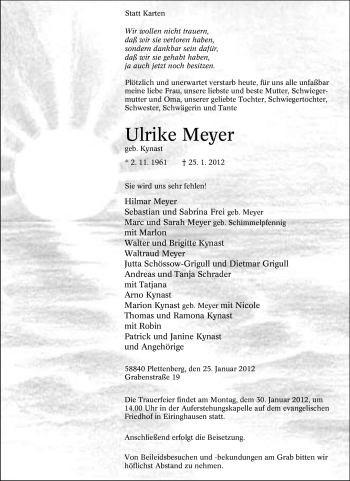 Traueranzeige von Ulrike Meyer von Tageszeitung